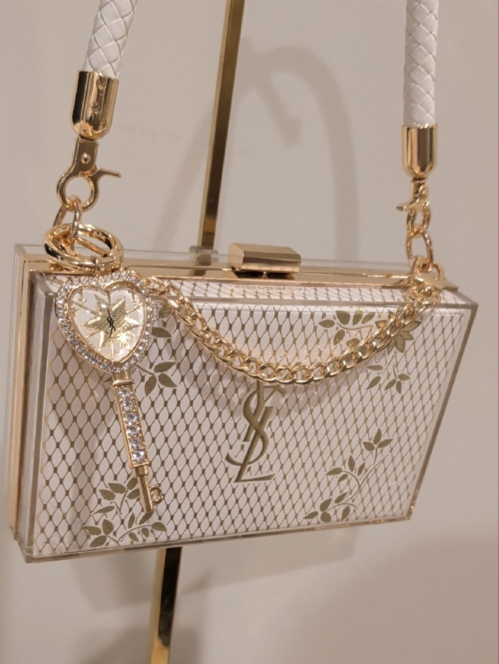 Upcycled YSL White and Gold Box Clutch with Chain Charm